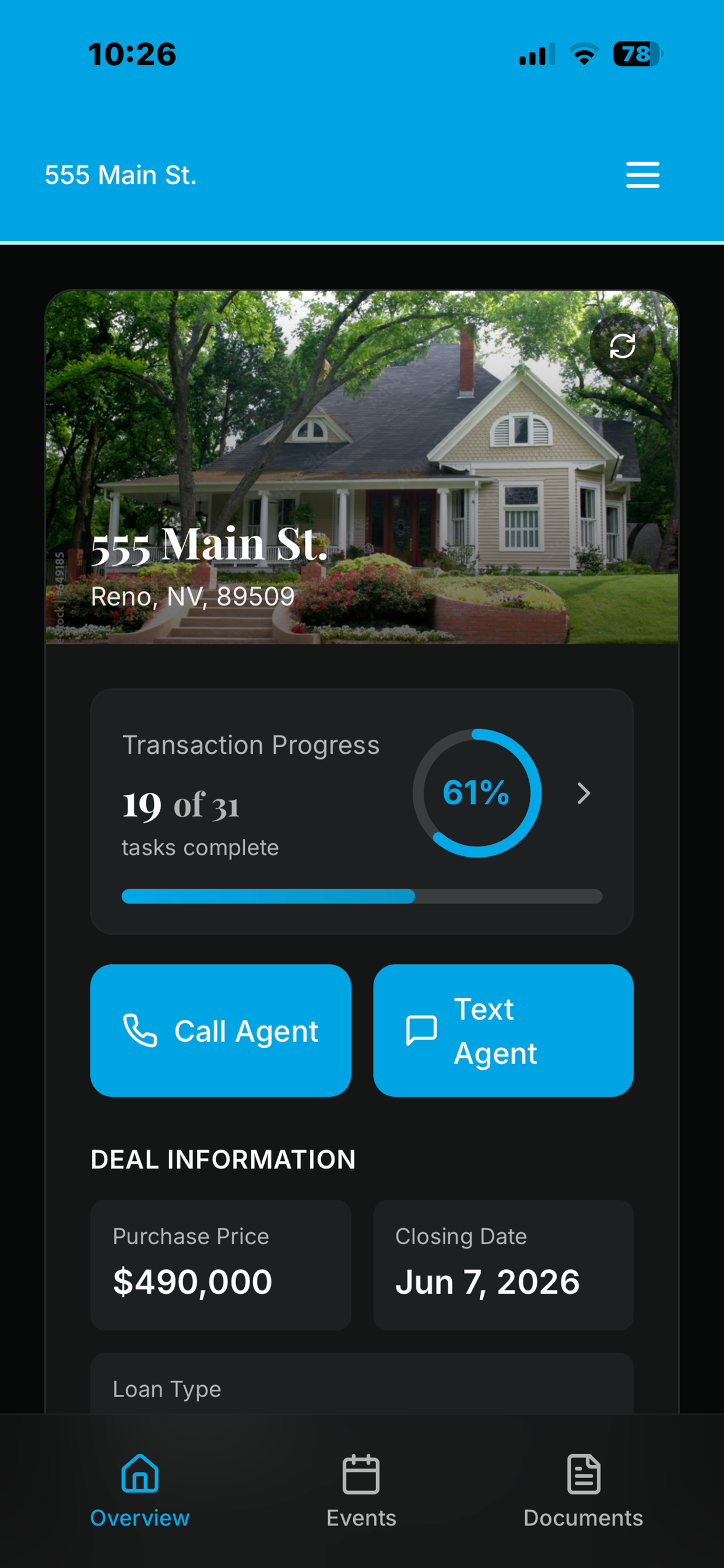 Atlios mobile app showing a transaction overview with property details and progress