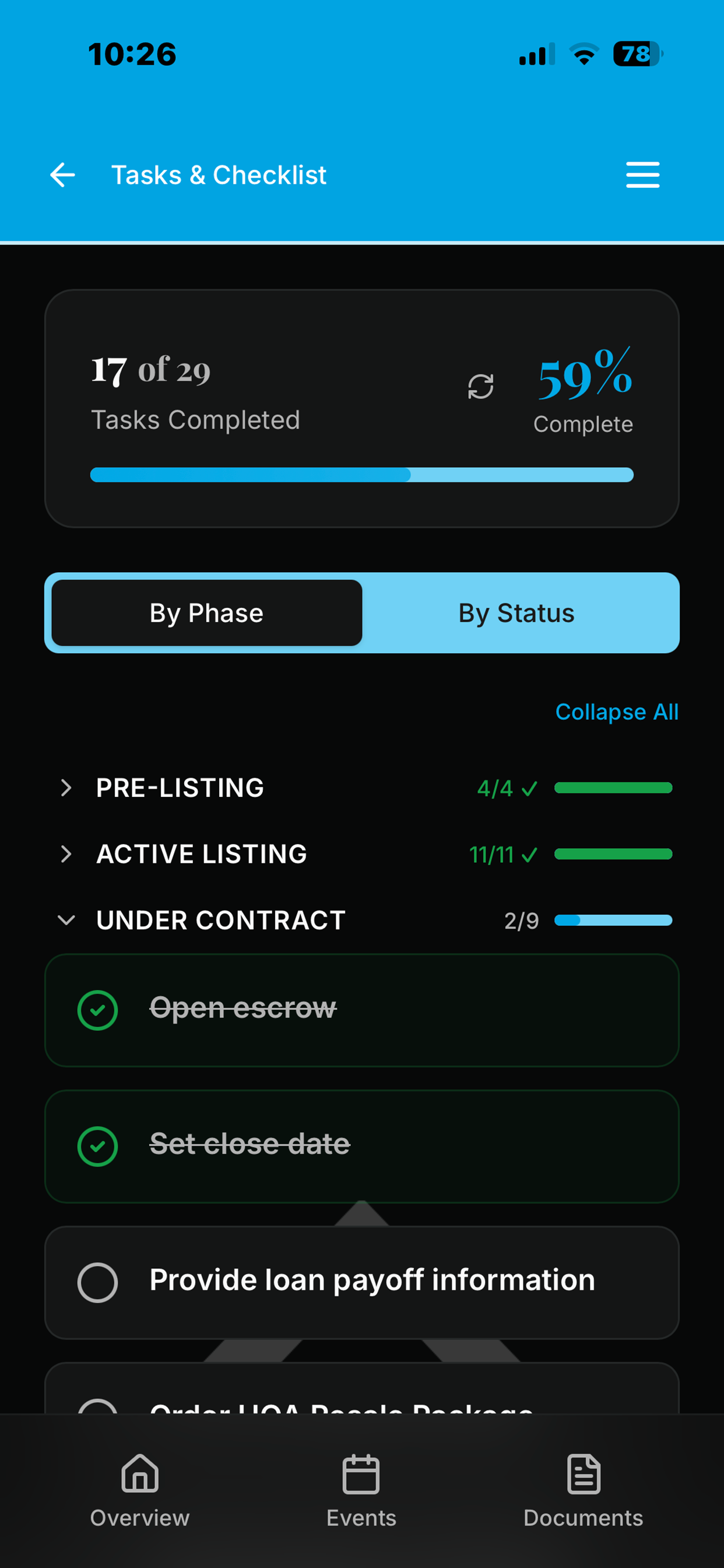 Atlios mobile app showing a tasks and checklist view organized by transaction phase